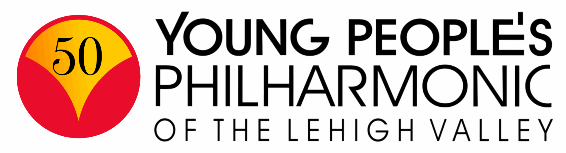 Logo for Young People’s Philharmonic of the Lehigh Valley, featuring a red and yellow emblem with the number 50, marking an anniversary.
