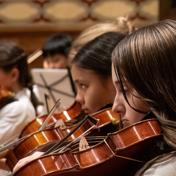 A group of young musicians in white shirts play violins in an orchestra, reading sheet music during a performance in a concert hall.