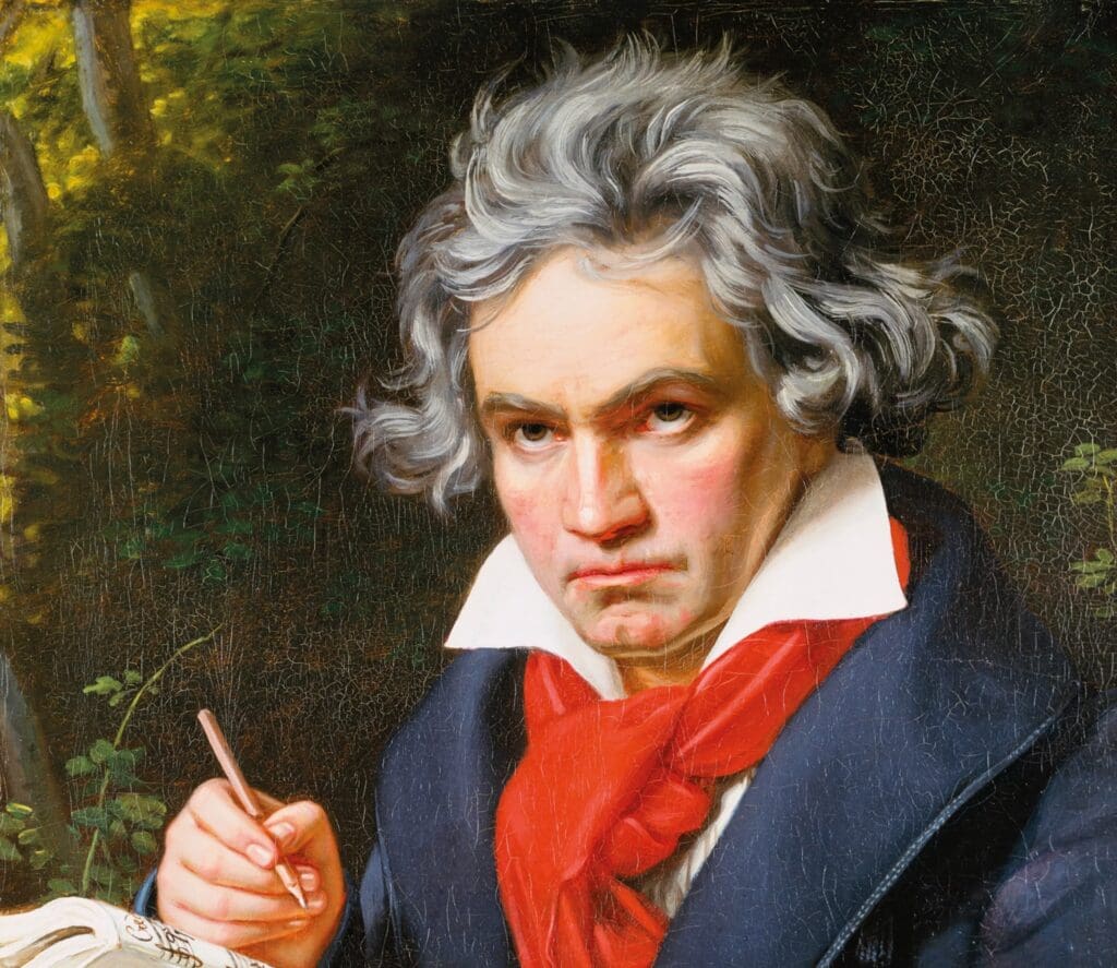 A painted portrait of a man with gray hair and a red scarf, holding a quill pen and looking intensely at the viewer, set against a dark background.